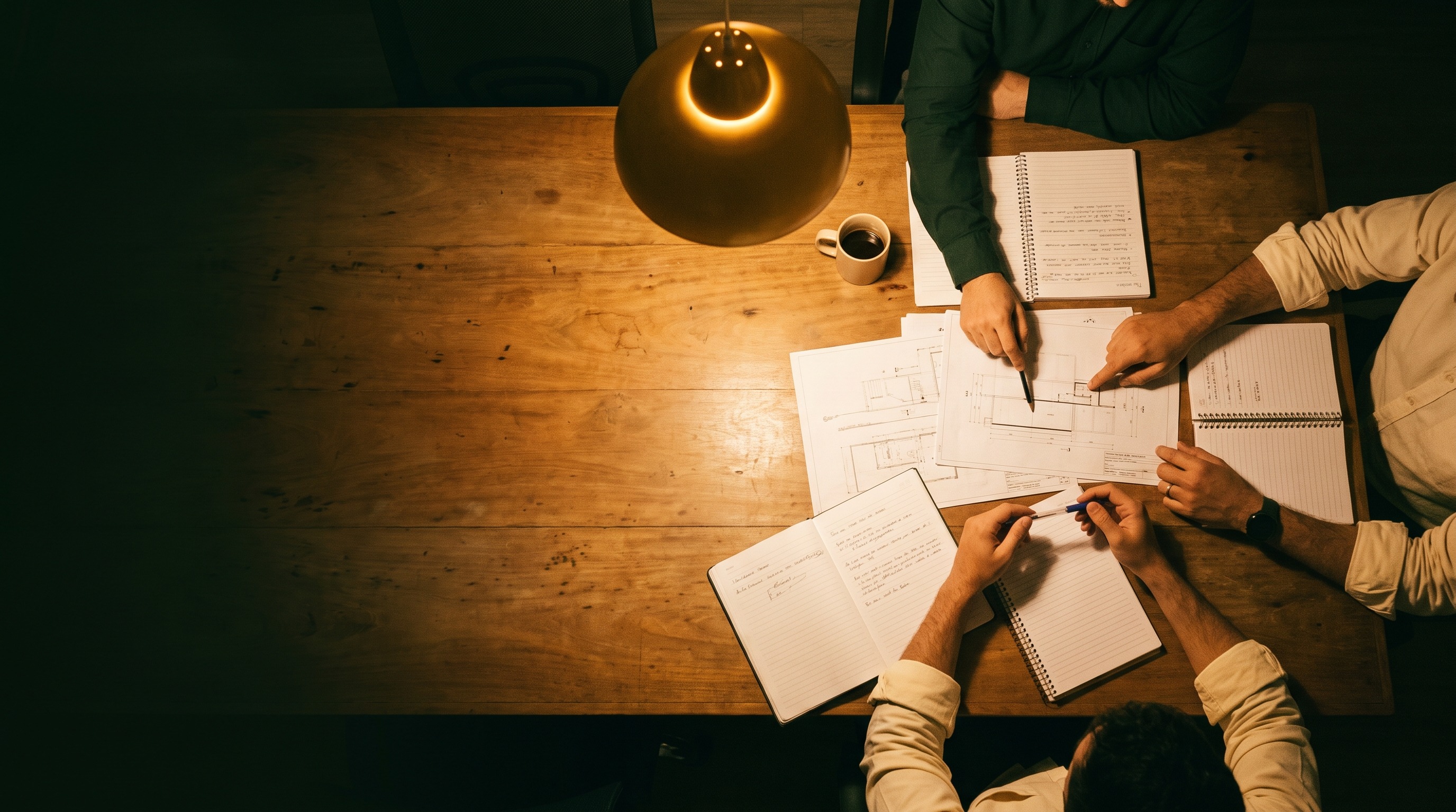 Equipe trabalhando sobre mesa com cadernos e documentos