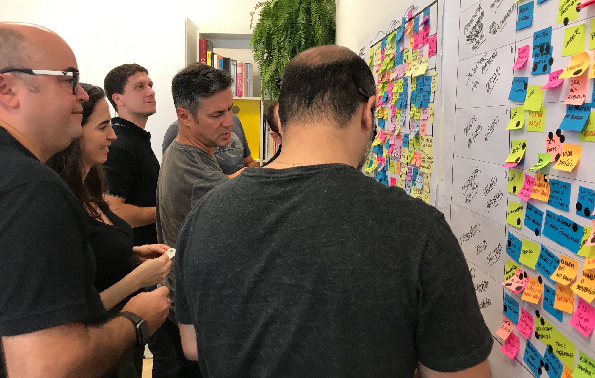 Equipe votando e priorizando na parede de post-its