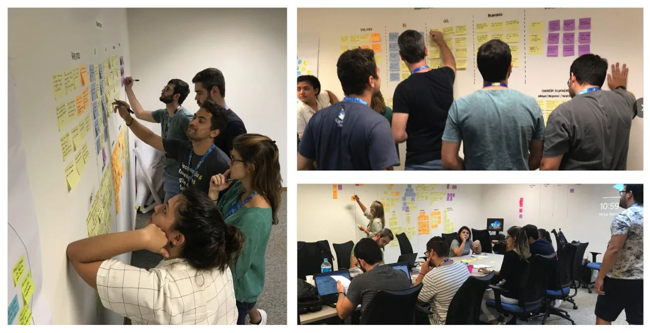 Trainees trabalhando nas paredes com post-its e ferramentas de trabalho