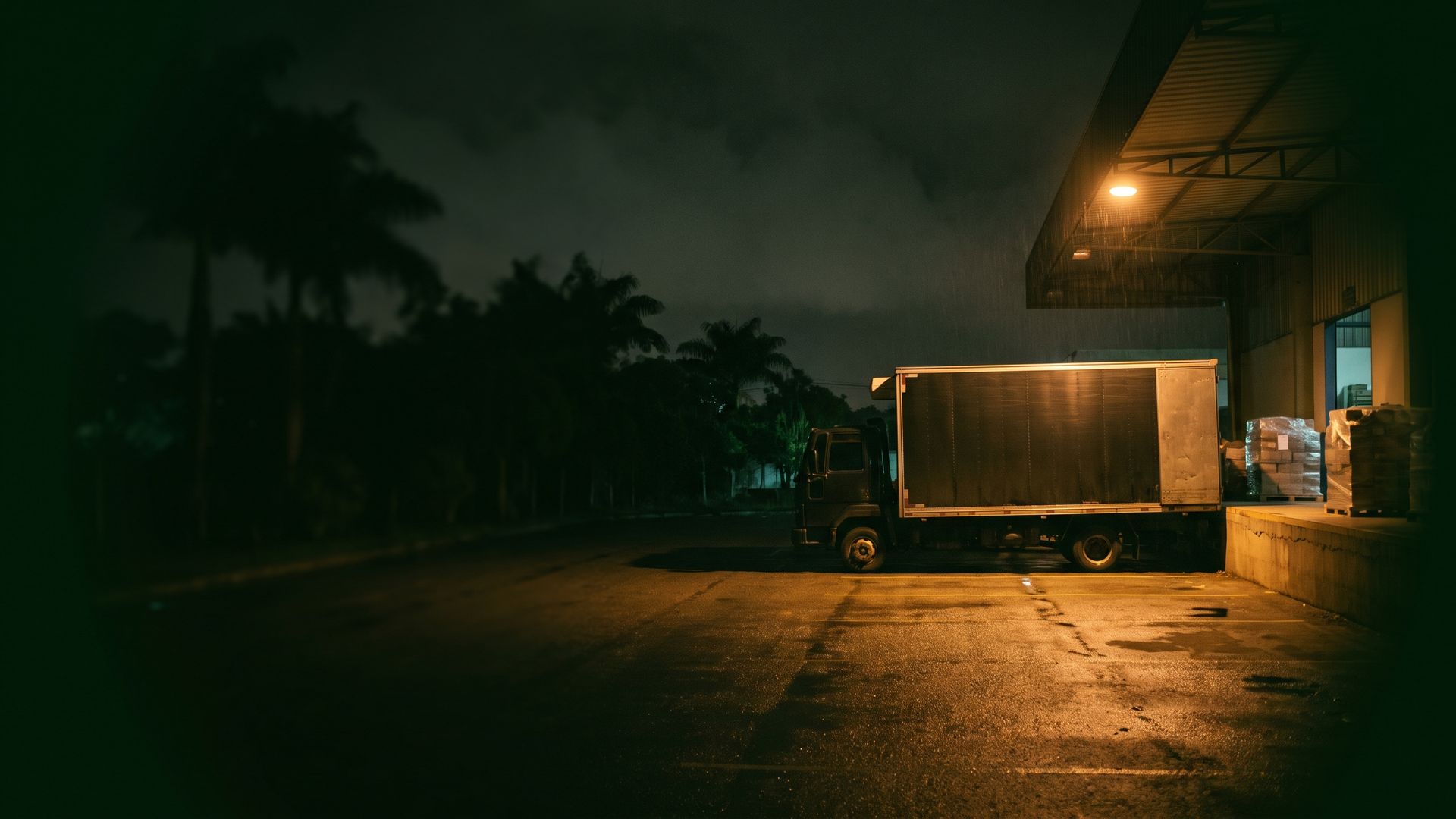 Caminhão na doca de carga à noite com iluminação âmbar e chuva